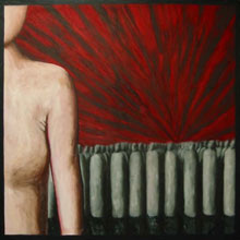 Pools meisje staande op een stoel / Polish girl standing on a chair   - Acryl en olieverf op doek 210 x 210 cm Priv&eacute;collectie 
