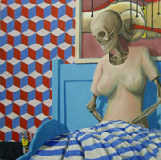 Skelet in Bed / Skeleton in Bed  - Acryl en olieverf op doek 190 x 190 cm  &euro;5.700,-